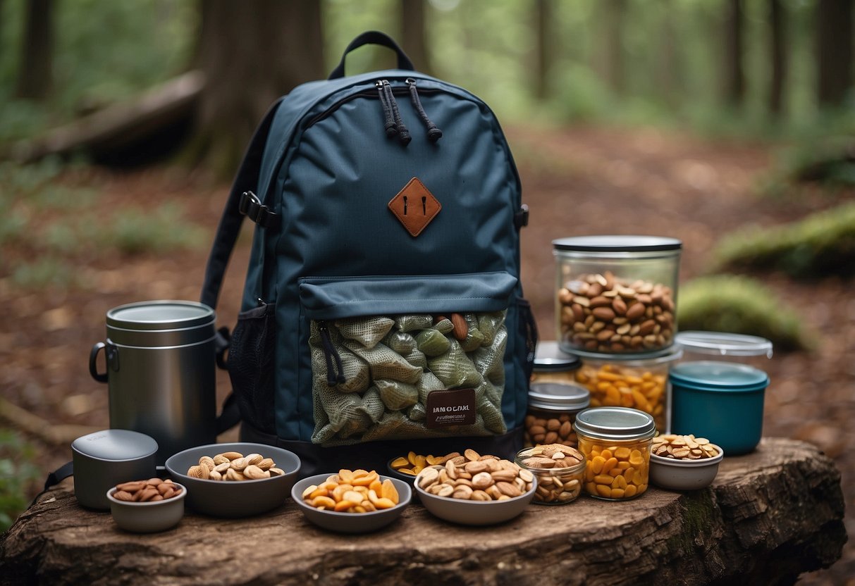 A backpack with an assortment of lightweight snacks, such as nuts, dried fruits, and energy bars, neatly organized in small containers and pouches for easy access during a bushcraft trip