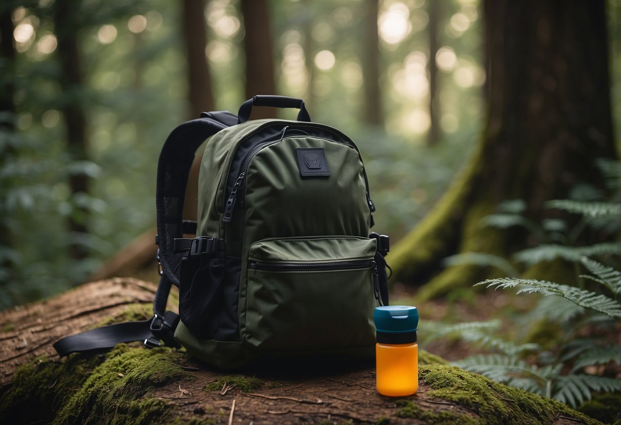 A backpack sits open on the forest floor, revealing a selection of lightweight snacks and a water bottle. Surrounding trees and foliage suggest a remote bushcraft setting