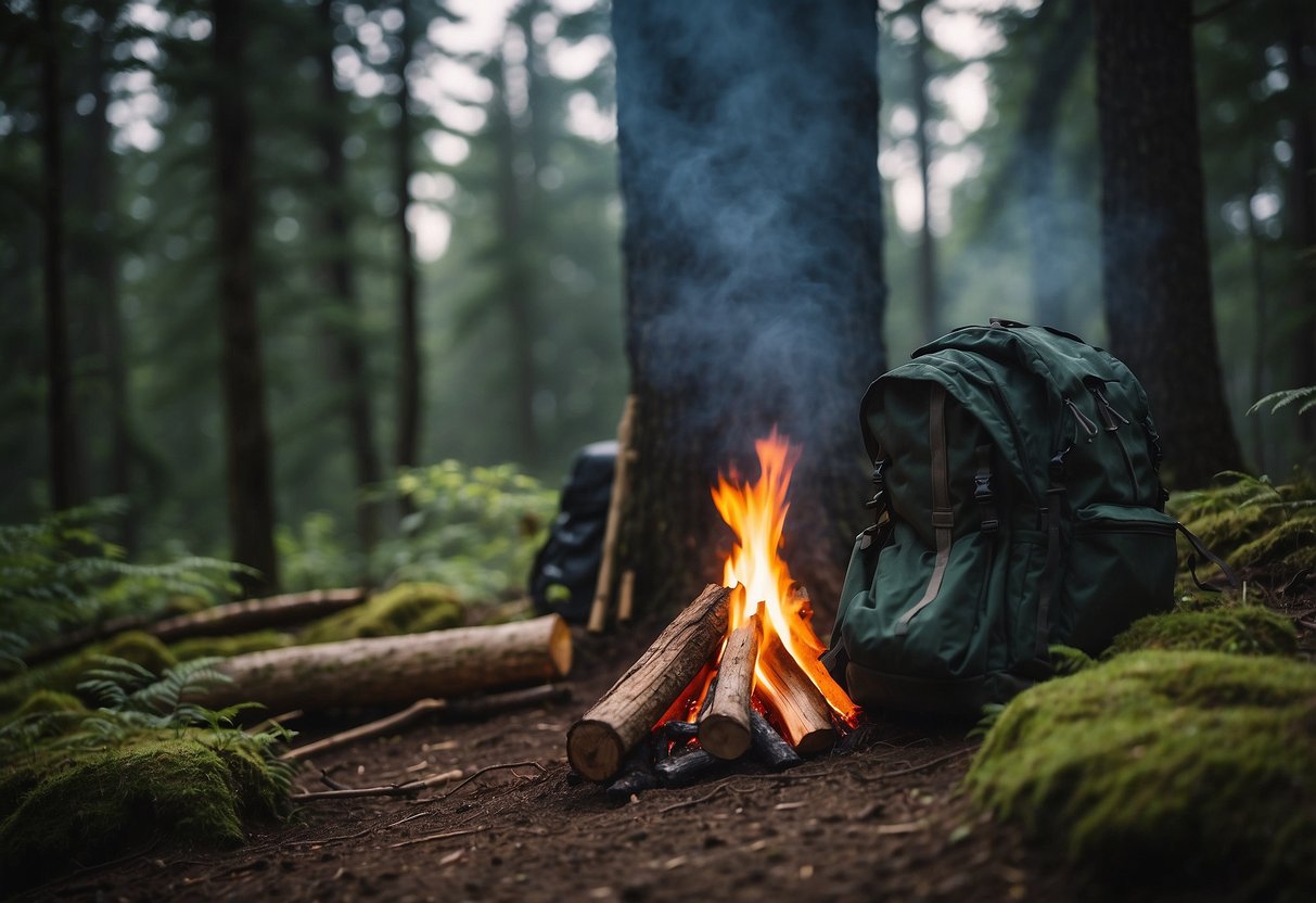 A campfire crackles in a clearing surrounded by dense forest. A person's backpack and gear are neatly organized nearby. A small shelter is being constructed using natural materials found in the area