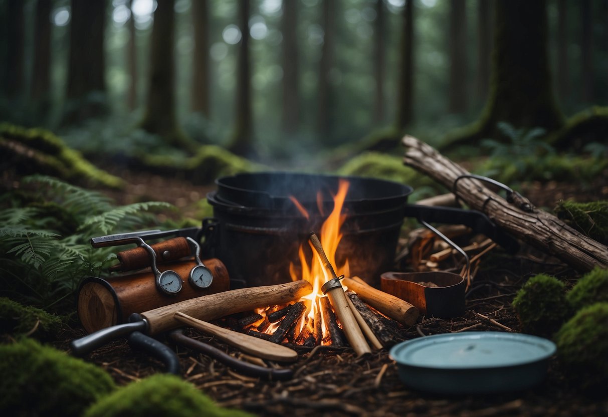 A forest clearing with a small campfire, surrounded by various tools and resources such as a knife, rope, and foraged plants. A shelter made of branches and leaves can be seen in the background