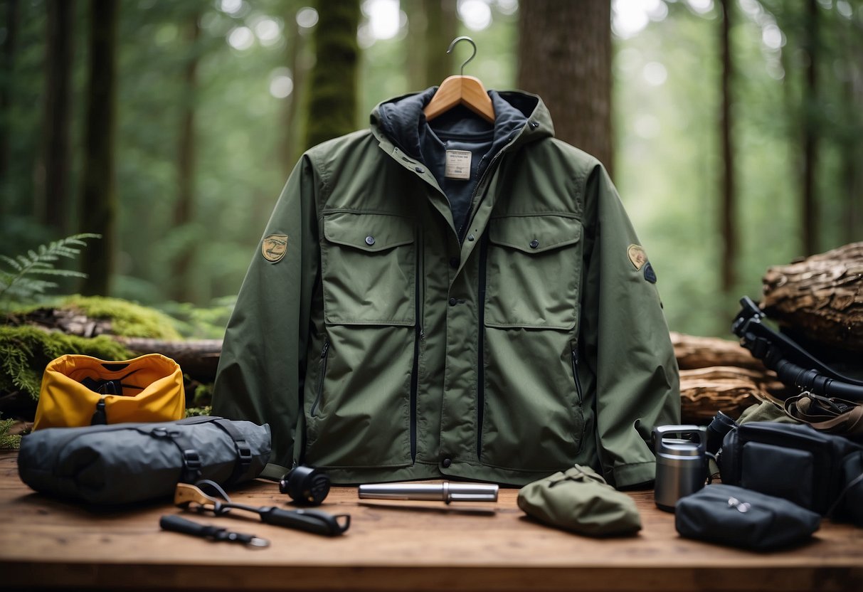 A campsite with 5 lightweight jackets laid out on a wooden table, surrounded by bushcraft tools and gear. The jackets vary in color and style, with a backdrop of a dense forest