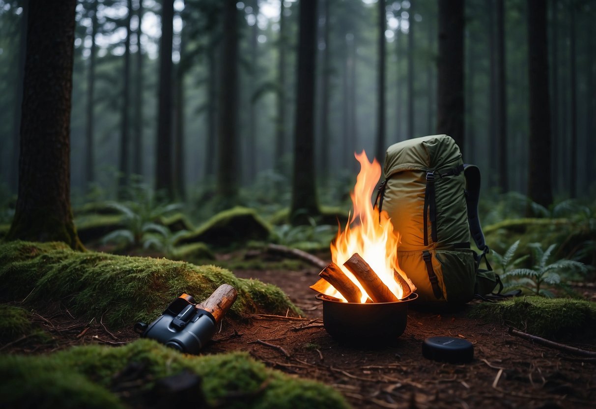 A forest clearing with a campfire, backpack, and the Montbell Thermawrap Pro jacket hanging from a tree branch. Surrounding trees and bushes indicate a remote bushcraft setting