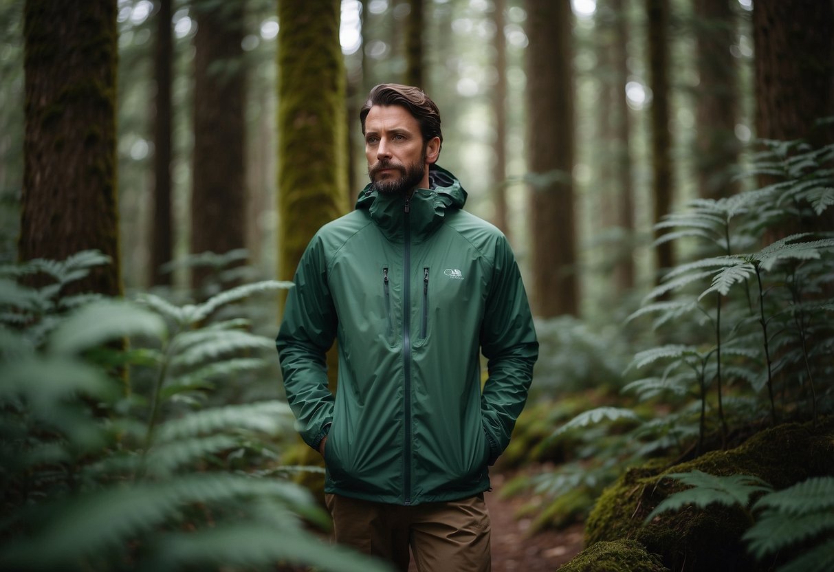 A figure stands in a dense forest, wearing the Outdoor Research Helium II jacket. The lightweight jacket repels water, making it ideal for bushcraft adventures. The lush greenery and tall trees create a serene atmosphere