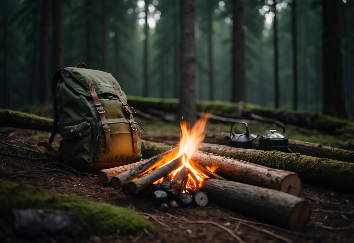 A forest clearing with a campfire, surrounded by trees. A backpack and lightweight jacket are laid out on a log, with a knife and compass nearby