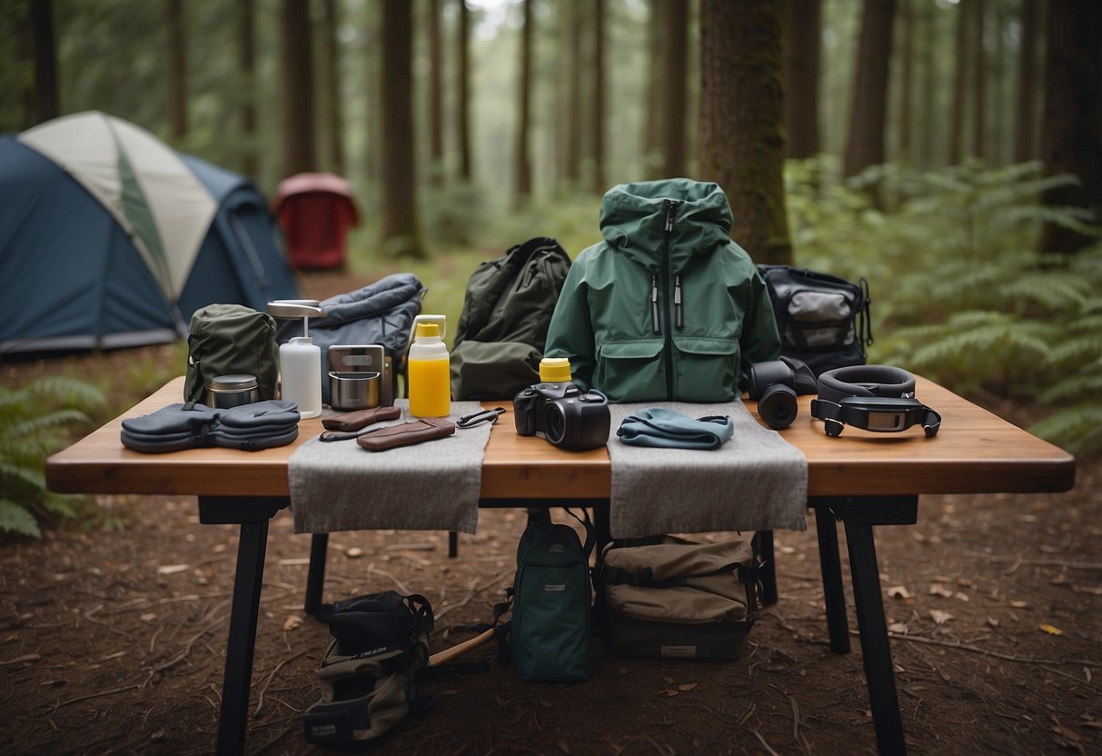 A table with 5 lightweight jackets laid out, surrounded by camping gear and tools. A pamphlet titled "Care and Maintenance Tips" is placed next to the jackets