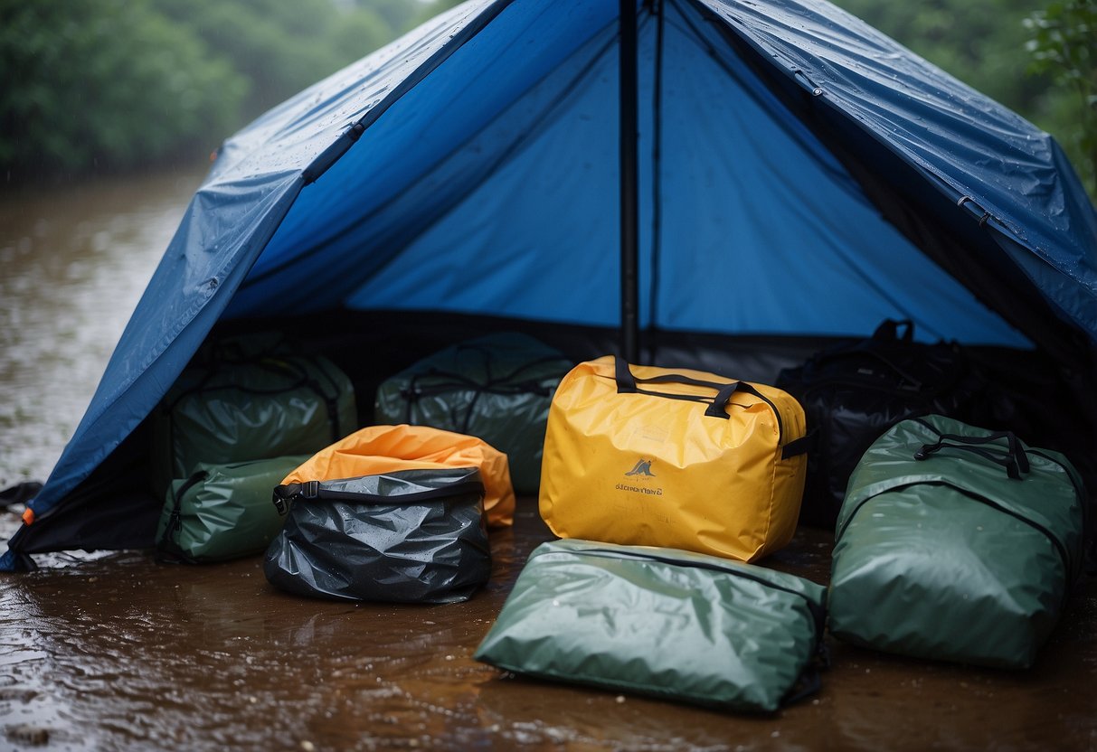 Gear laid out under a tarp, with waterproof bags and containers. Rain falling around the shelter, but gear remains dry and protected