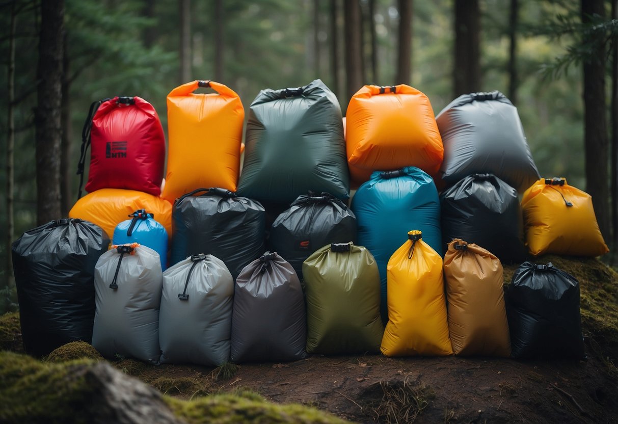 A collection of dry bags, some open and releasing air, surrounded by bushcrafting gear in a natural outdoor setting