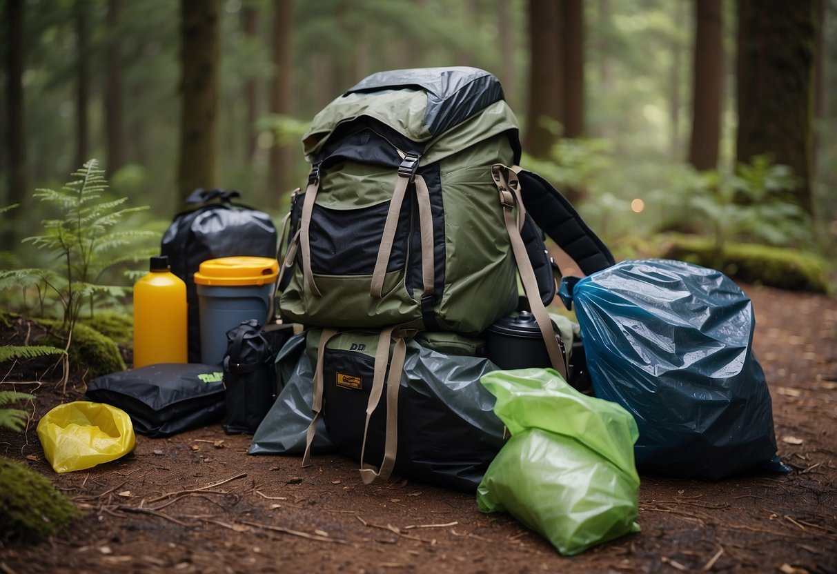 A stack of heavy-duty trash compactor bags arranged next to various bushcrafting gear, including a backpack, tent, and cooking equipment. Raindrops are shown bouncing off the bags, demonstrating their waterproof qualities