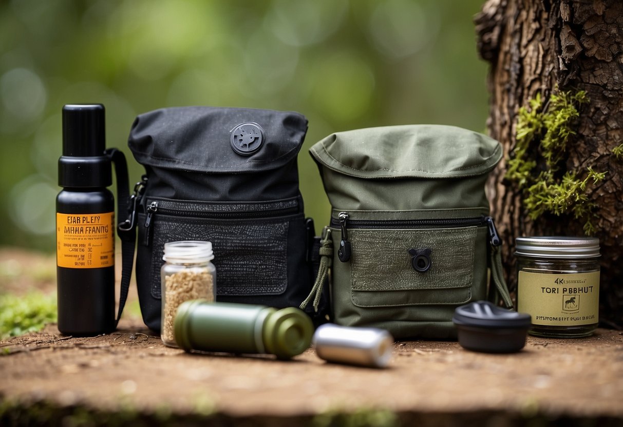 A variety of zippered dry pouches are arranged amidst bushcrafting gear, with items such as matches, a compass, and a first aid kit visible inside