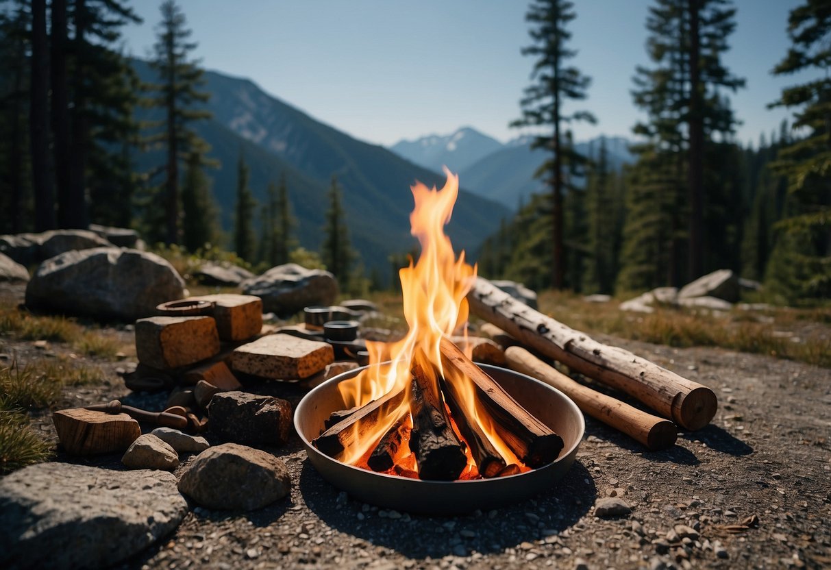 A rugged mountain landscape with a clear blue sky, pine trees, rocky terrain, and snow-capped peaks. A small campfire burns in the foreground, surrounded by essential bushcrafting tools and gear