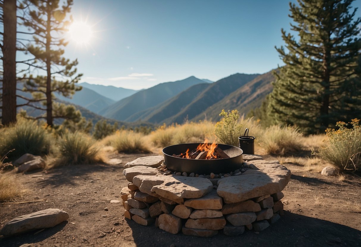 A mountainous landscape with a gradual incline, sparse vegetation, and clear blue skies. A small campsite with a fire pit and a few basic bushcrafting tools scattered around