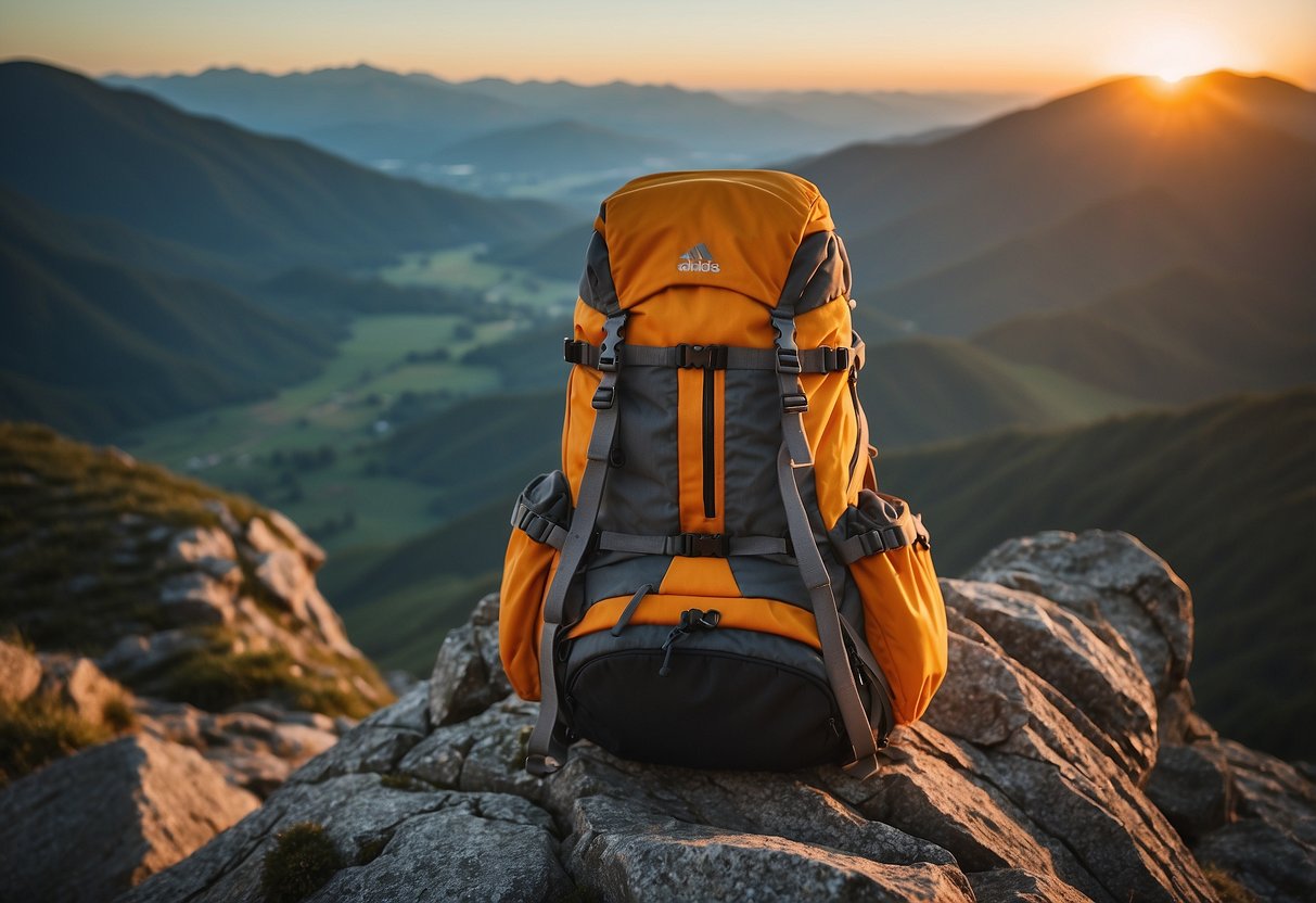 A backpack with lightweight camping gear sits on a rocky ledge, overlooking a vast mountainous landscape at high altitude. The sun is setting, casting a warm glow over the rugged terrain