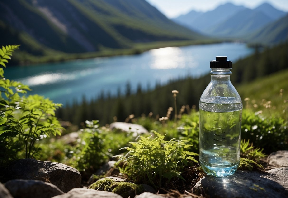 A mountainous landscape with a clear stream, water bottle, and high-altitude plants. The sun is shining, and the air is crisp