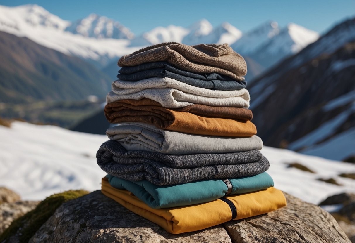 Clothing layers stacked on a rocky, high-altitude terrain. Snow-capped mountains in the background