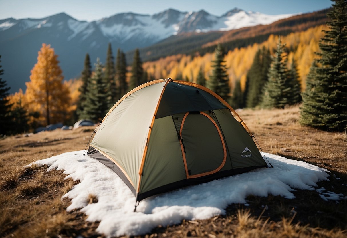 A four-season tent stands atop a snowy, high-altitude landscape. Surrounding trees show signs of autumn, while distant peaks are covered in summer greenery