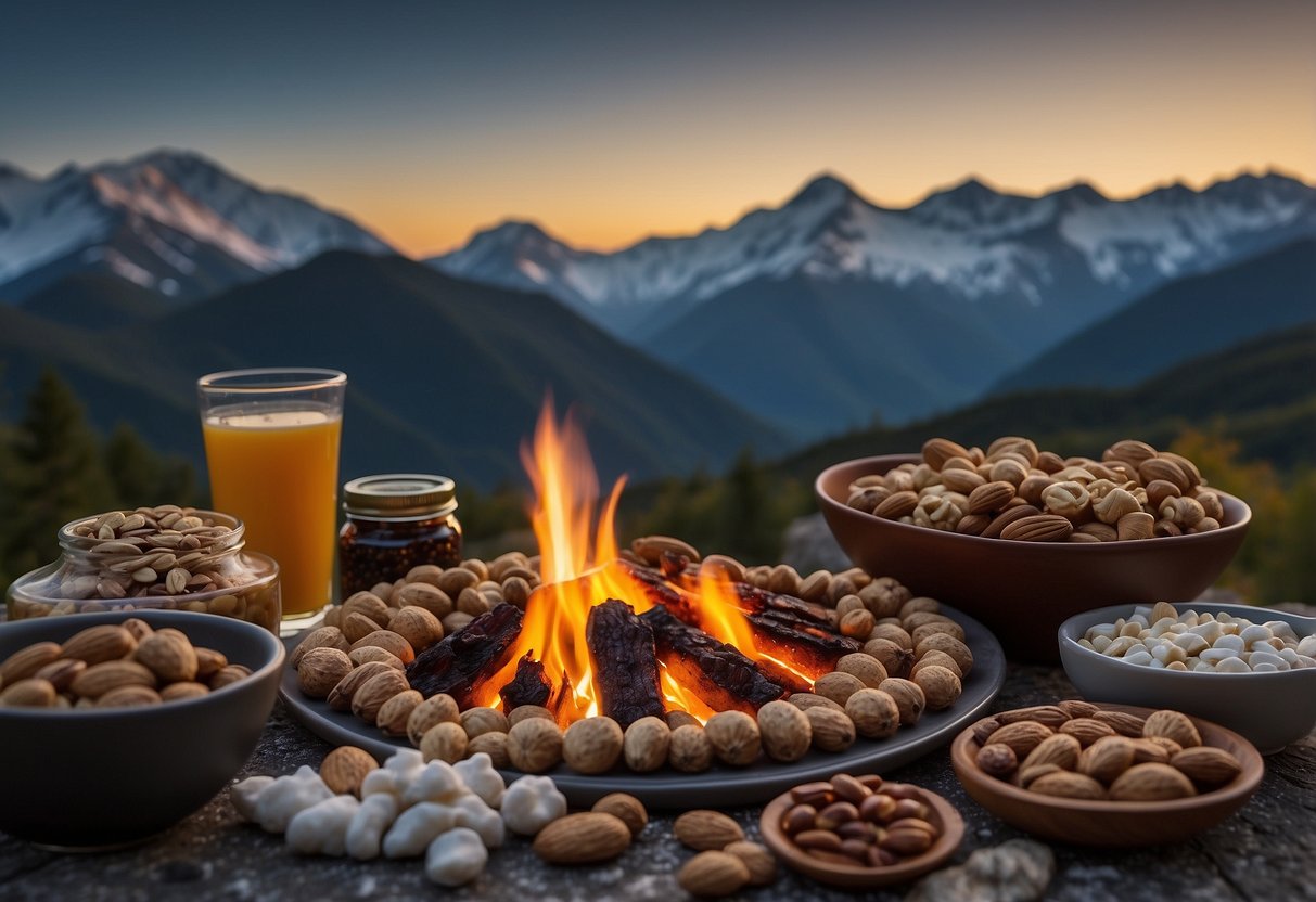 A mountainous landscape with a campfire surrounded by calorie-dense food, such as nuts, dried fruit, and jerky. The backdrop shows high altitudes with snow-capped peaks