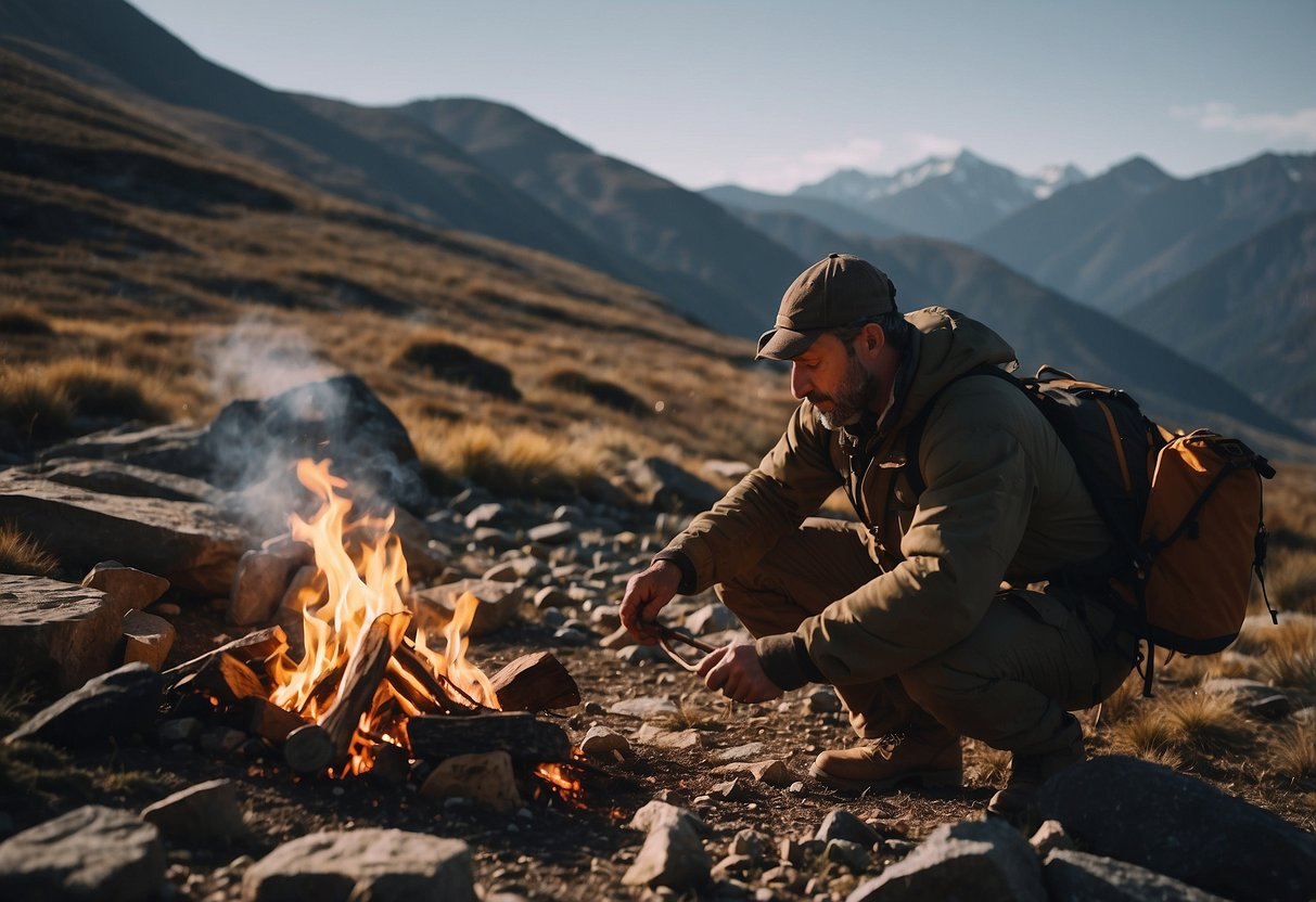 A figure expertly starts a fire at a high altitude campsite, using bushcraft techniques. The surrounding landscape is rugged and mountainous, with a clear sky and crisp air