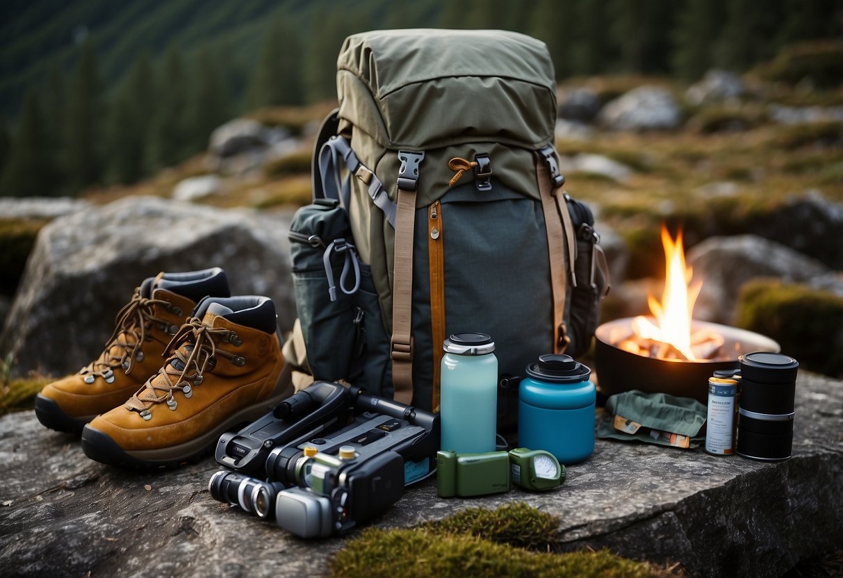 A rugged backpack sits open on a rocky ledge, filled with essential gear for high altitude bushcrafting. A map, compass, and sturdy hiking boots are laid out next to a compact stove and fuel canister