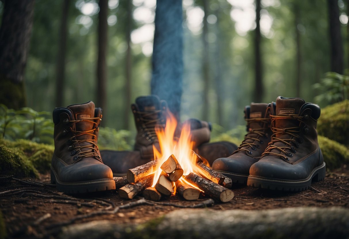 A cozy campfire surrounded by 5 pairs of rugged bushcraft boots, set against a backdrop of a lush forest and clear blue sky