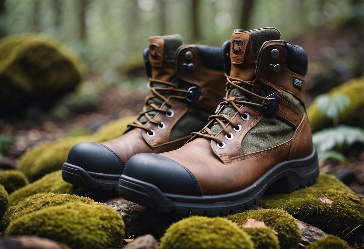 A pair of sturdy bushcraft boots surrounded by natural elements like rocks, branches, and leaves, showcasing their durability and comfort for outdoor use