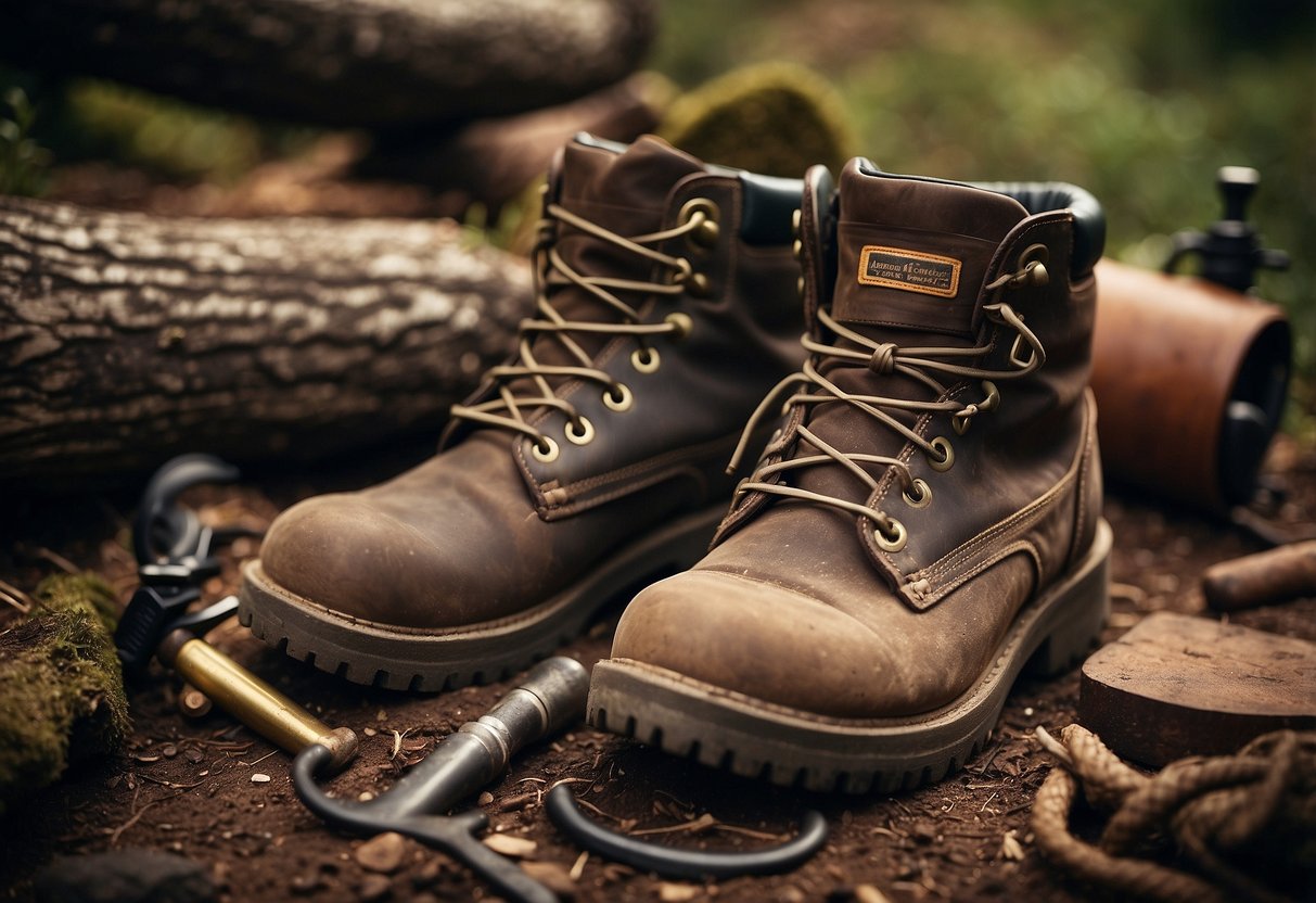 A pair of sturdy, well-worn bushcraft boots sit next to a campfire, surrounded by the tools of the trade. The boots exude durability and comfort, with rugged soles and supportive ankle cuffs