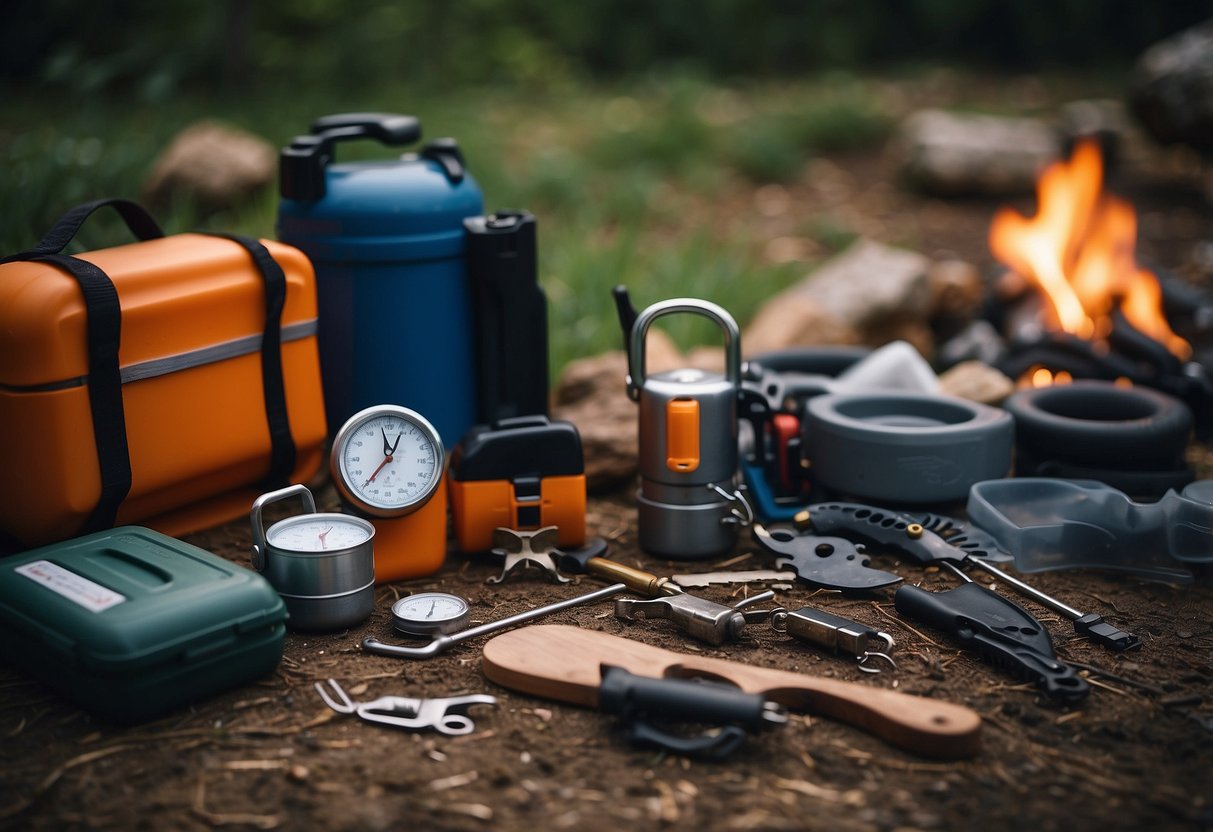 A campfire surrounded by various tools and equipment, including a knife, compass, first aid kit, and water bottle. A shelter is being constructed nearby, with a focus on safety and practicality