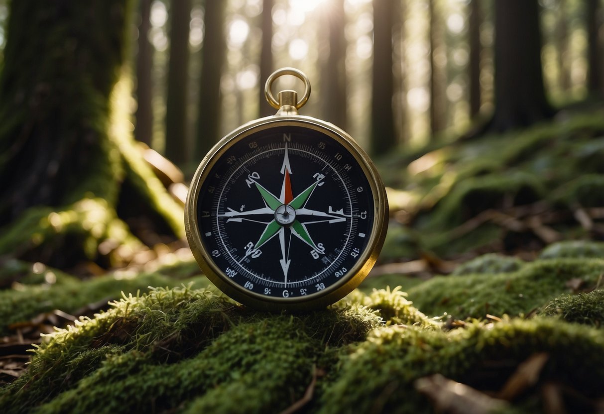 A compass and map lay on a mossy forest floor, surrounded by towering trees and dappled sunlight. A trail marker stands nearby, pointing the way through the dense wilderness