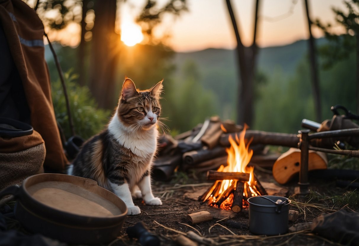 A dog and a cat sit beside a campfire in the woods, surrounded by bushcraft tools and gear. The sun is setting, casting a warm glow over the scene