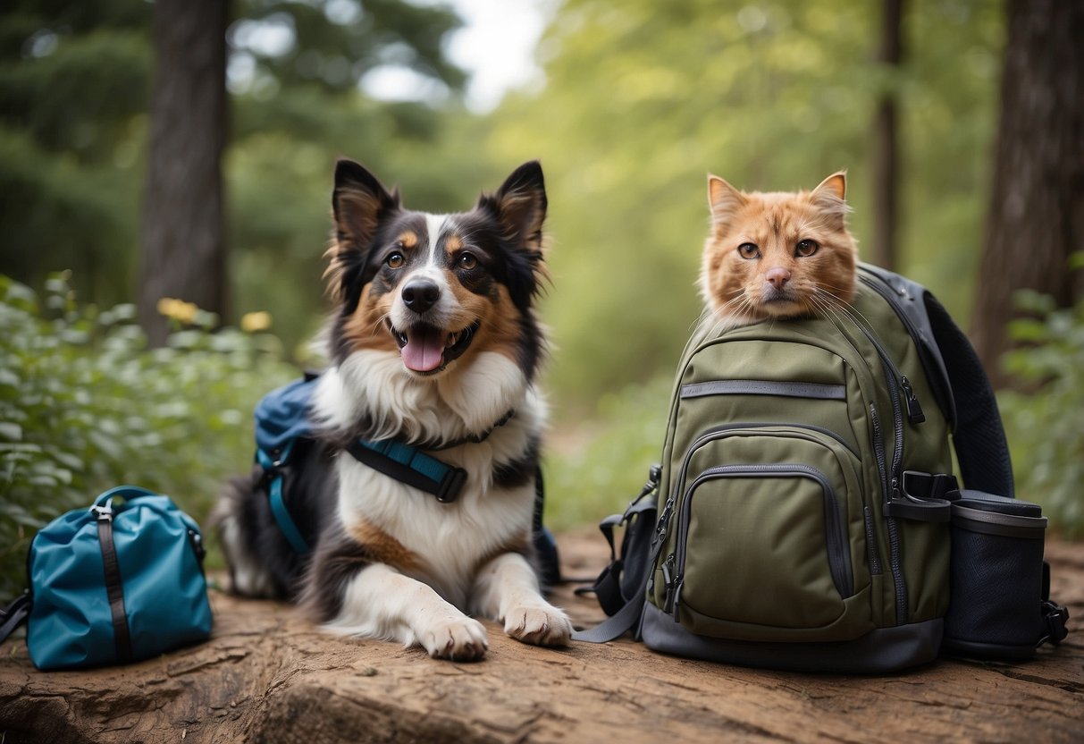 A dog and cat sit next to a backpack filled with lightweight gear. A leash and pet-friendly supplies are scattered nearby. Trees and bushes surround the scene