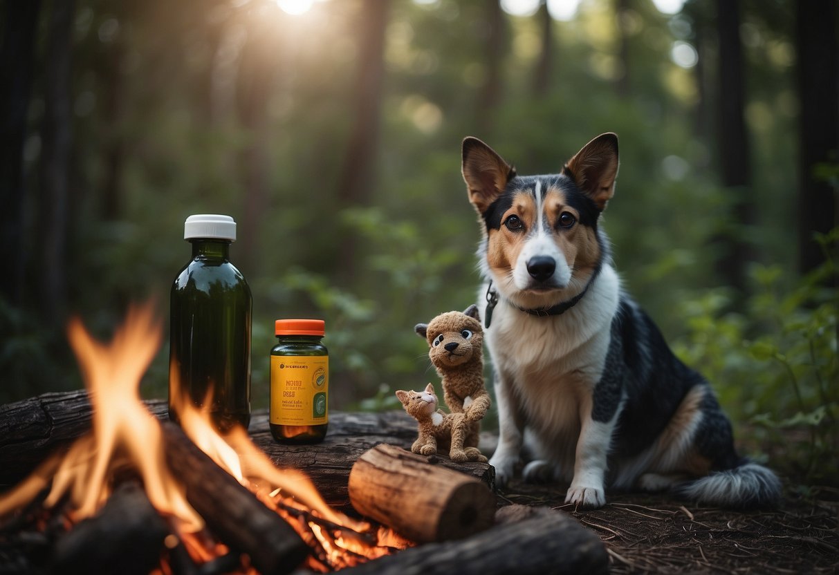 A dog and cat sit by a campfire in a wooded area. A bottle of pet-safe insect repellent sits nearby, along with other bushcrafting supplies