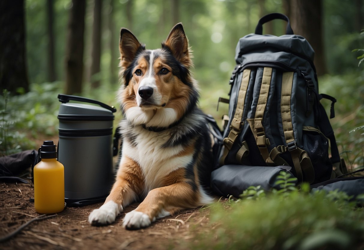 A dog and cat sit beside a backpack filled with food and water in a forest clearing. Trees and bushes surround them as they prepare for a bushcrafting adventure