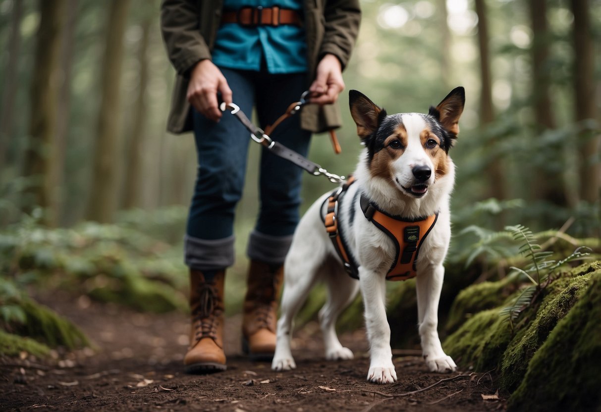 A pet harness is fastened securely around a dog's chest and back. The leash is attached, and the dog is standing confidently next to its owner, ready for a bushcrafting adventure