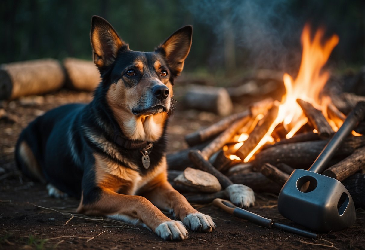 A dog sits obediently next to a campfire, surrounded by various bushcraft tools and supplies. The sun is setting in the background, casting a warm glow over the scene