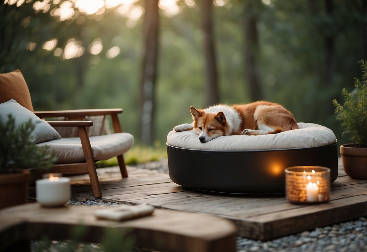 A cozy sleeping area with a pet bed, blankets, and a small fire pit surrounded by nature. Nearby, a water bowl and some toys for the pet