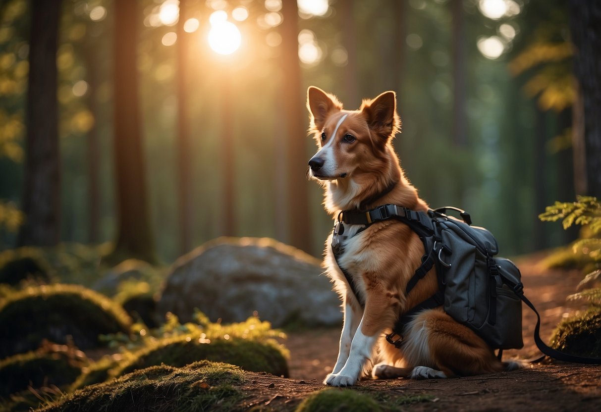 A dog sits next to a backpack and water bowl. A leash and harness lay nearby. The sun sets behind a dense forest, casting a warm glow on the scene