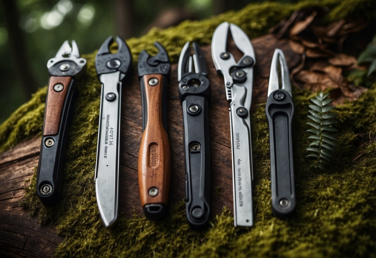 Five multi-tools laid out on a wooden table against a backdrop of a lush forest. The tools are arranged neatly, showcasing their different features and functions