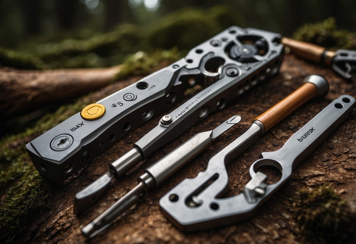 A bushcraft multi-tool displayed with various features highlighted for illustration