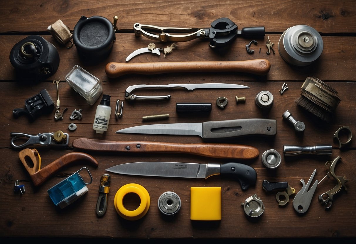 A table with various bushcraft multi-tools laid out neatly, along with a set of maintenance supplies such as oil, brushes, and cloths