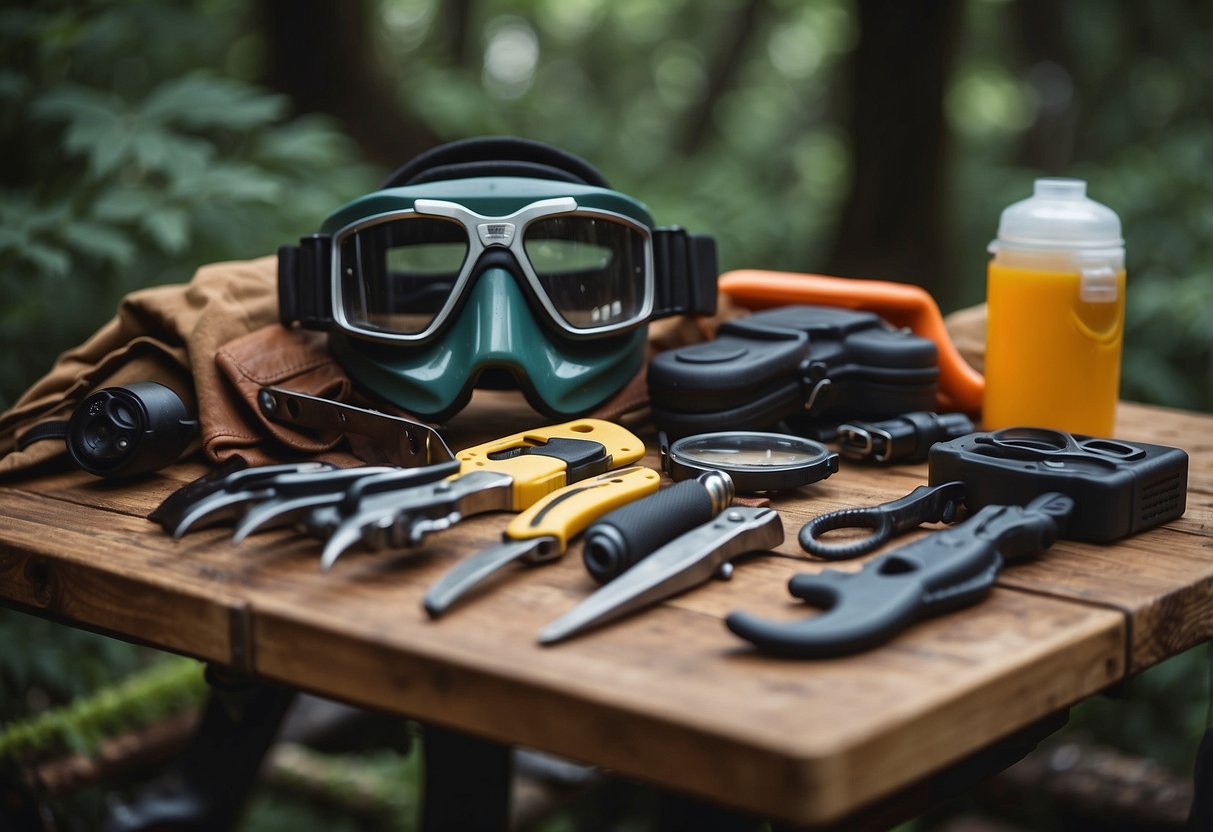 A table with various multi-tools laid out, along with safety gear like gloves and goggles. A bushcraft setting with trees and outdoor elements in the background