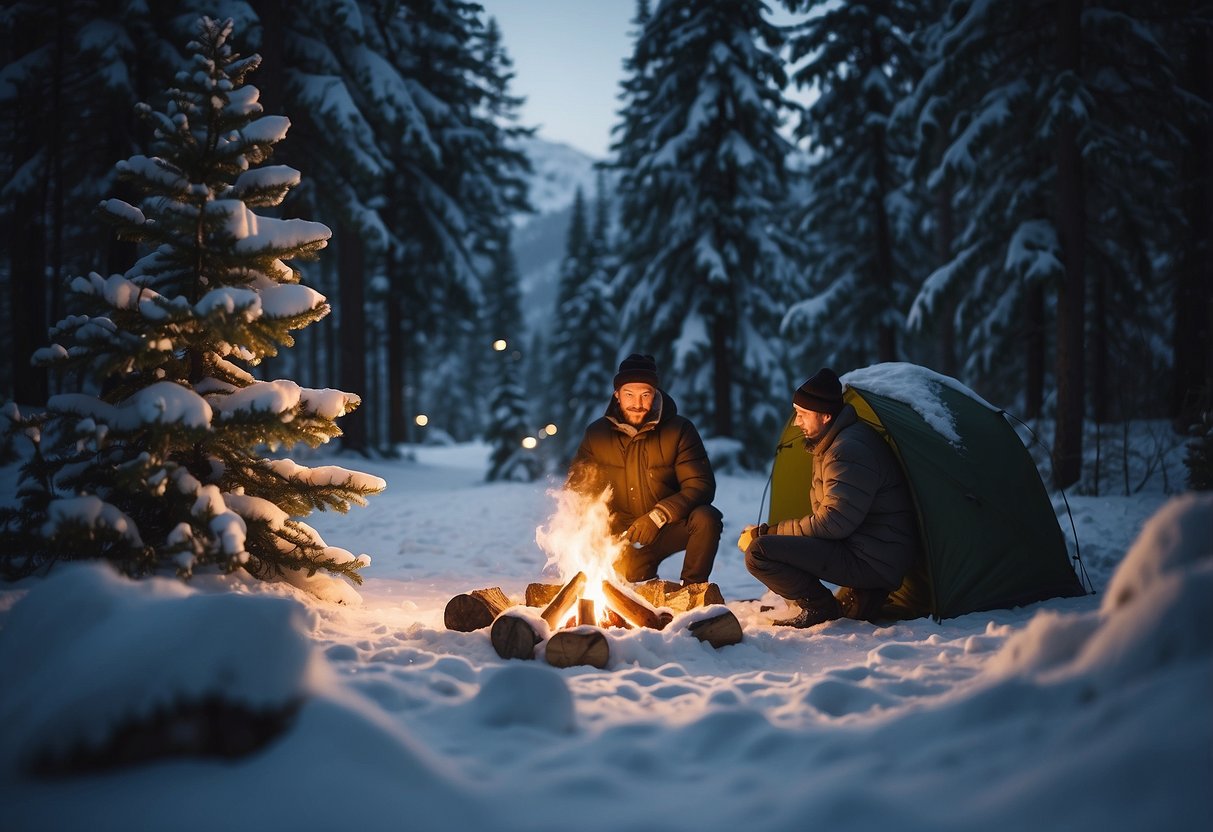 A snowy forest clearing with a small campfire, surrounded by evergreen trees and a backdrop of snow-covered mountains. A person is seen setting up a shelter made of branches and snow