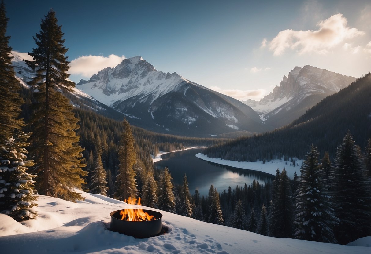 Snow-covered pine forest with a winding river, mountains in the background, and a cozy campsite with a crackling fire