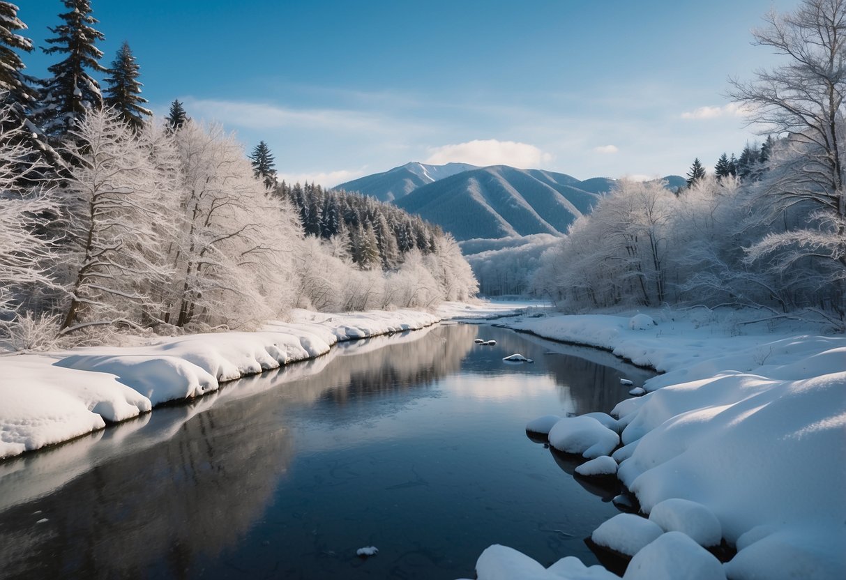 Snow-covered Hokkaido landscape with dense forests, frozen rivers, and mountains. Clear blue skies and a serene atmosphere