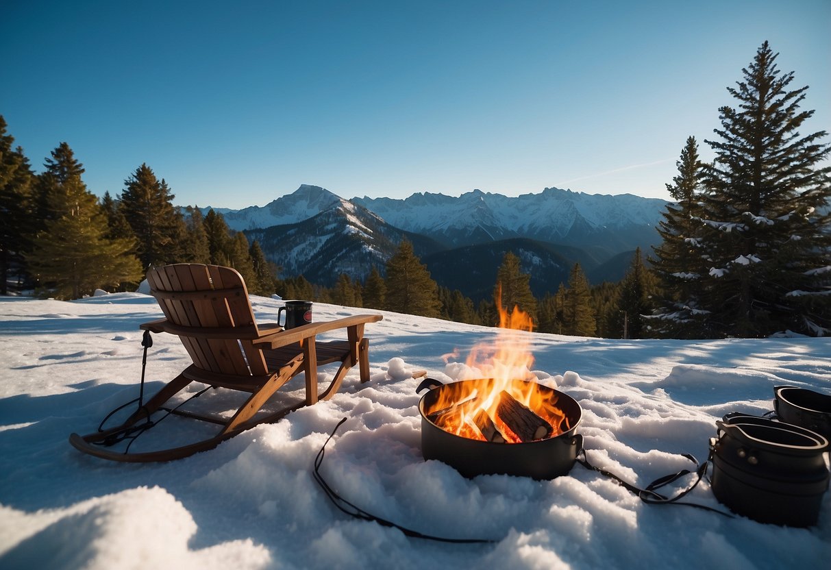 Snow-covered Pyrenees mountains, pine trees, and a cozy campfire surrounded by snowshoes and survival gear. A clear blue sky and a sense of adventure in the air