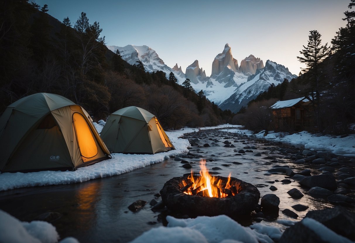 Snow-covered Patagonian landscape with dense forests, towering mountains, and frozen rivers. A cozy campsite with a roaring fire, surrounded by handmade shelters and tools