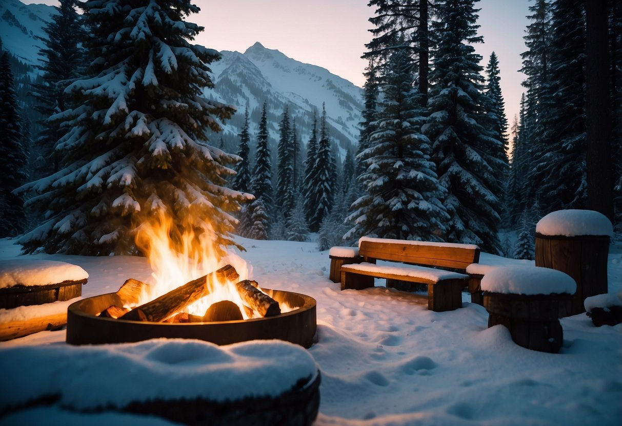 A snowy forest clearing with a cozy campfire, surrounded by evergreen trees. A small shelter made of branches and snow stands nearby, with a backdrop of snow-capped mountains in the distance