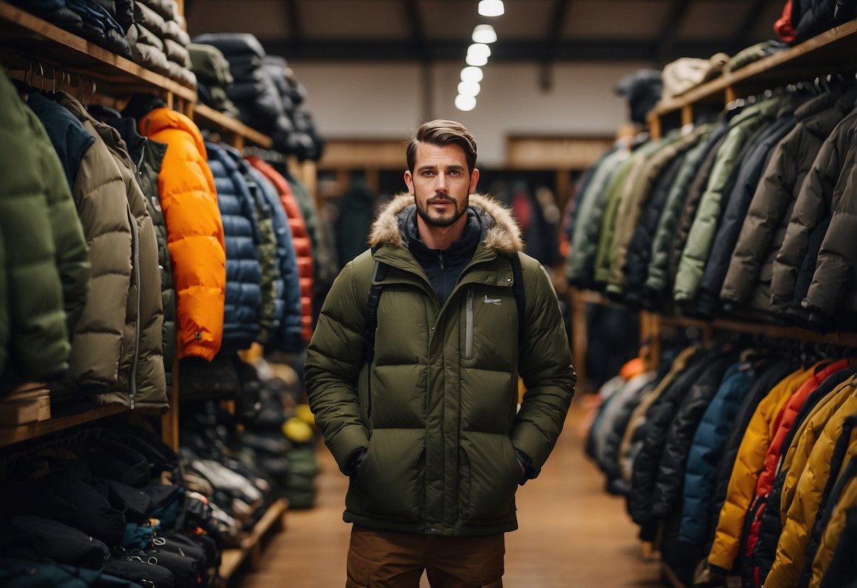 A person stands in front of a row of outdoor clothing and gear, carefully selecting items for winter bushcraft. The shelves are lined with jackets, boots, backpacks, and other essential equipment