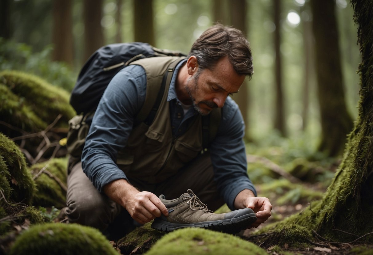 A bushcrafter carefully selects and breaks in new footwear, applies moleskin to potential hot spots, and keeps feet dry and well-ventilated