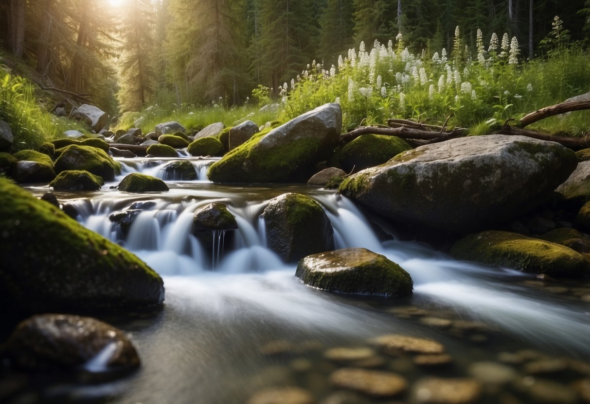 Clear stream flowing through lush forest, a natural spring bubbling up from the ground, a tranquil lake nestled in the mountains, a gushing waterfall cascading down rocks, and a pristine pond surrounded by wildflowers