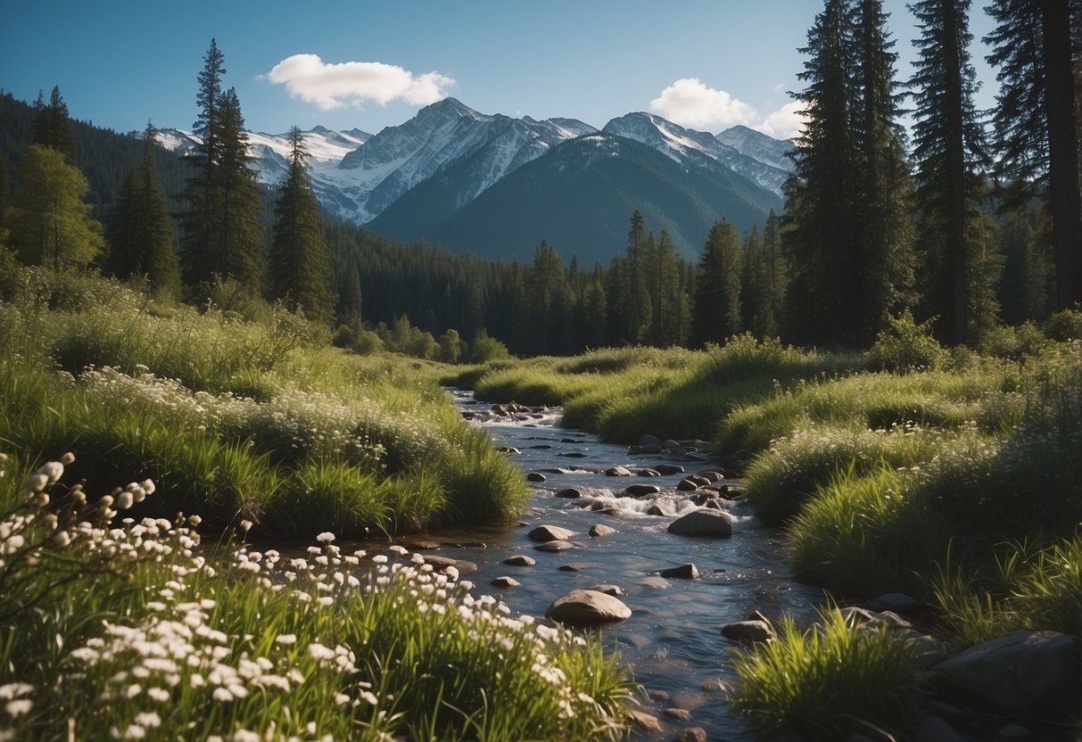 A serene forest clearing with a bubbling freshwater spring, surrounded by lush greenery and snow-capped mountains in the distance