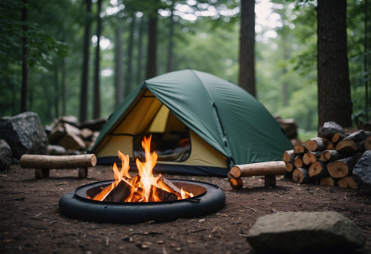 A campsite in the woods with a fire pit surrounded by rocks, a tarp shelter, a backpack hung from a tree, a water filter, and neatly stacked firewood